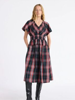 V-Neck Plaid Midi Dress in Red and Green